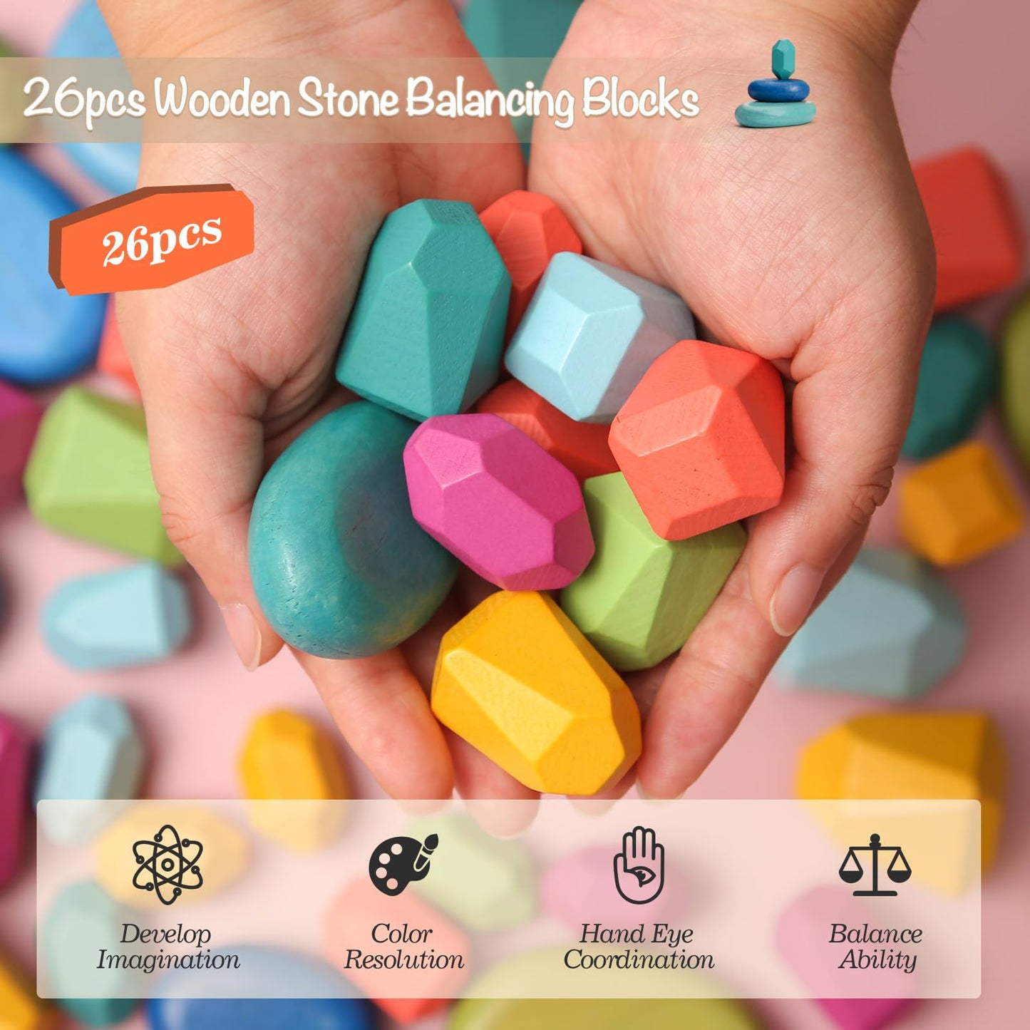 OESSUF Stacking Rocks 26Pcs – Wooden Blocks & Montessori Stones for Kids