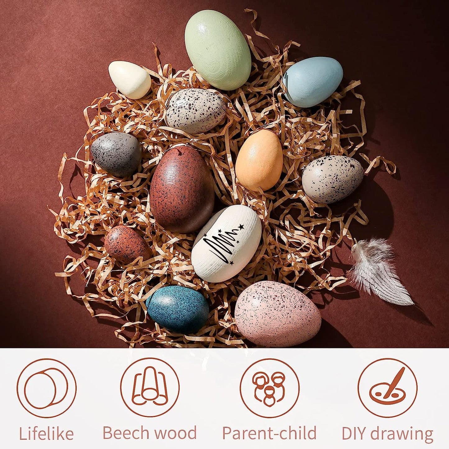 OESSUF Wooden Eggs Set – 12-Piece Beech Wood Easter Eggs for Toddlers | Pretend Play & Decor