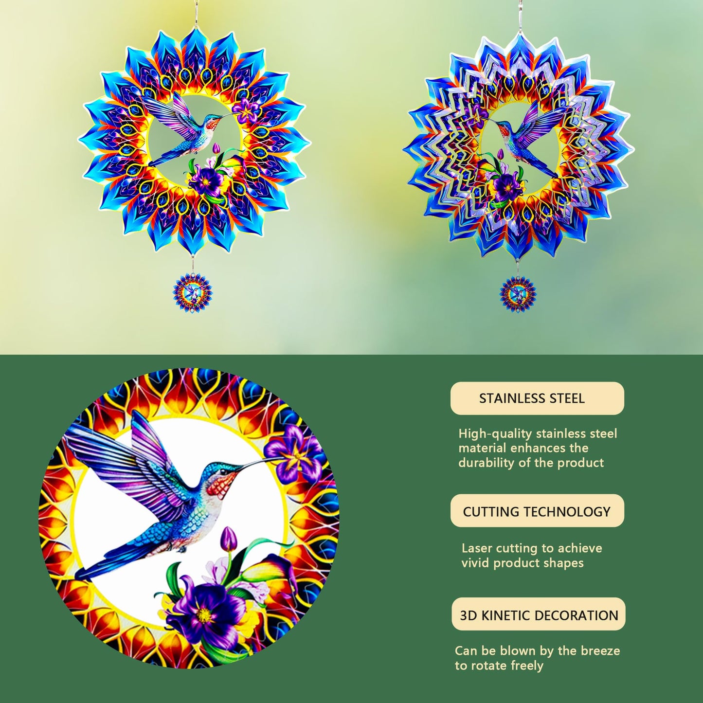 OFEWPAGA Hummingbird Wind Spinner – 12-Inch 3D Stainless Steel Garden Gift