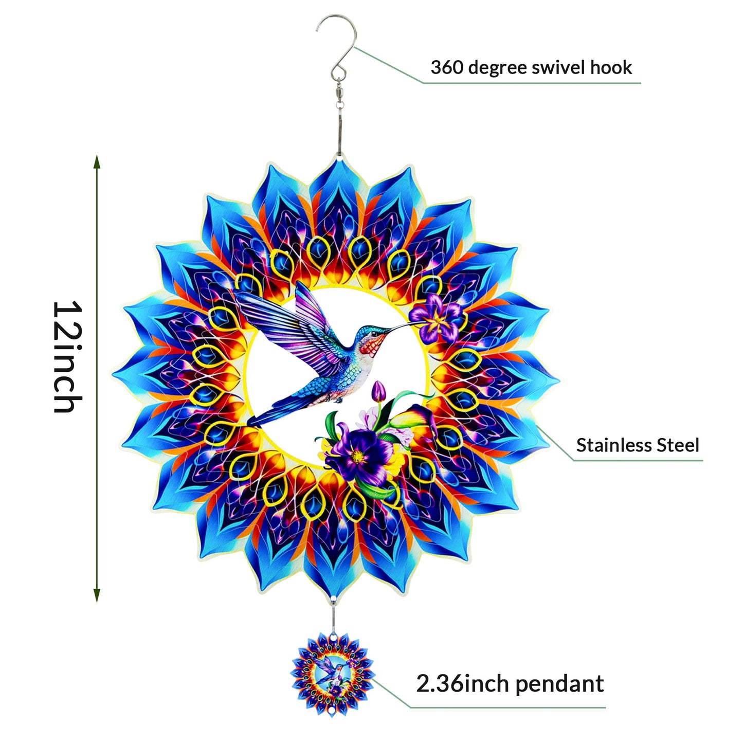 OFEWPAGA Hummingbird Wind Spinner – 12-Inch 3D Stainless Steel Garden Gift