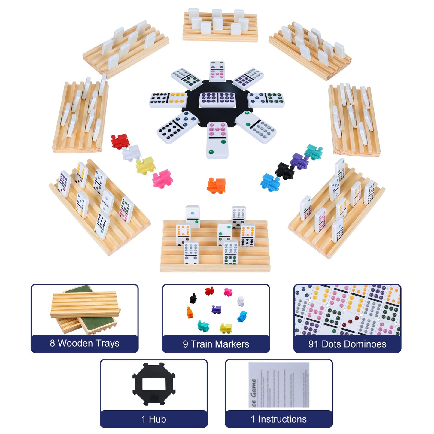 Offelec Mexican Train Dominoes Set – 91 Color-Coded Double-12 Tiles + 8 Wooden Holders
