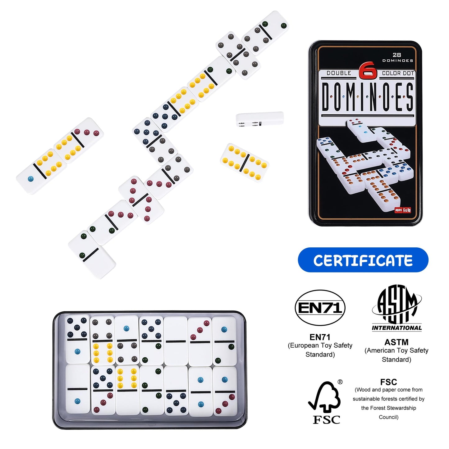Offelec Double Six Dominoes Set | 28 Tiles with Storage Tin for 2-4 Players