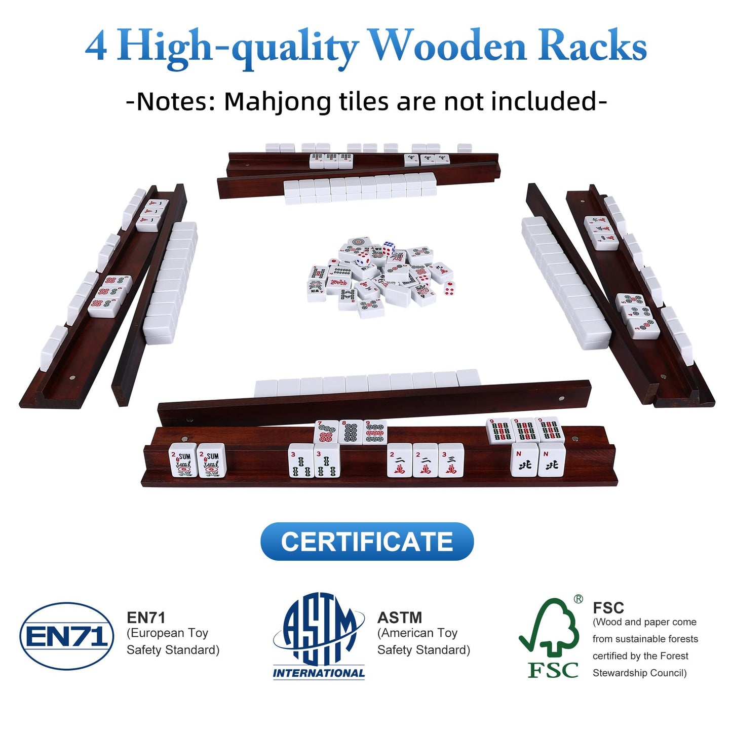 Offelec Upgraded Magnetic Mahjong Racks – 4 Pcs with Pushers, Vintage Wood