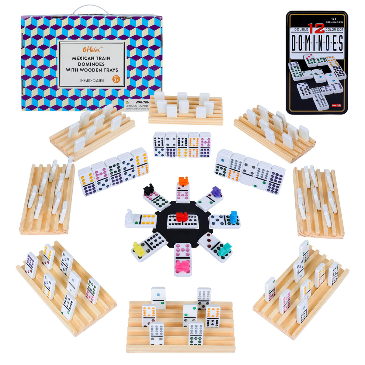Offelec Mexican Train Dominoes Set – 91 Color-Coded Double-12 Tiles + 8 Wooden Holders
