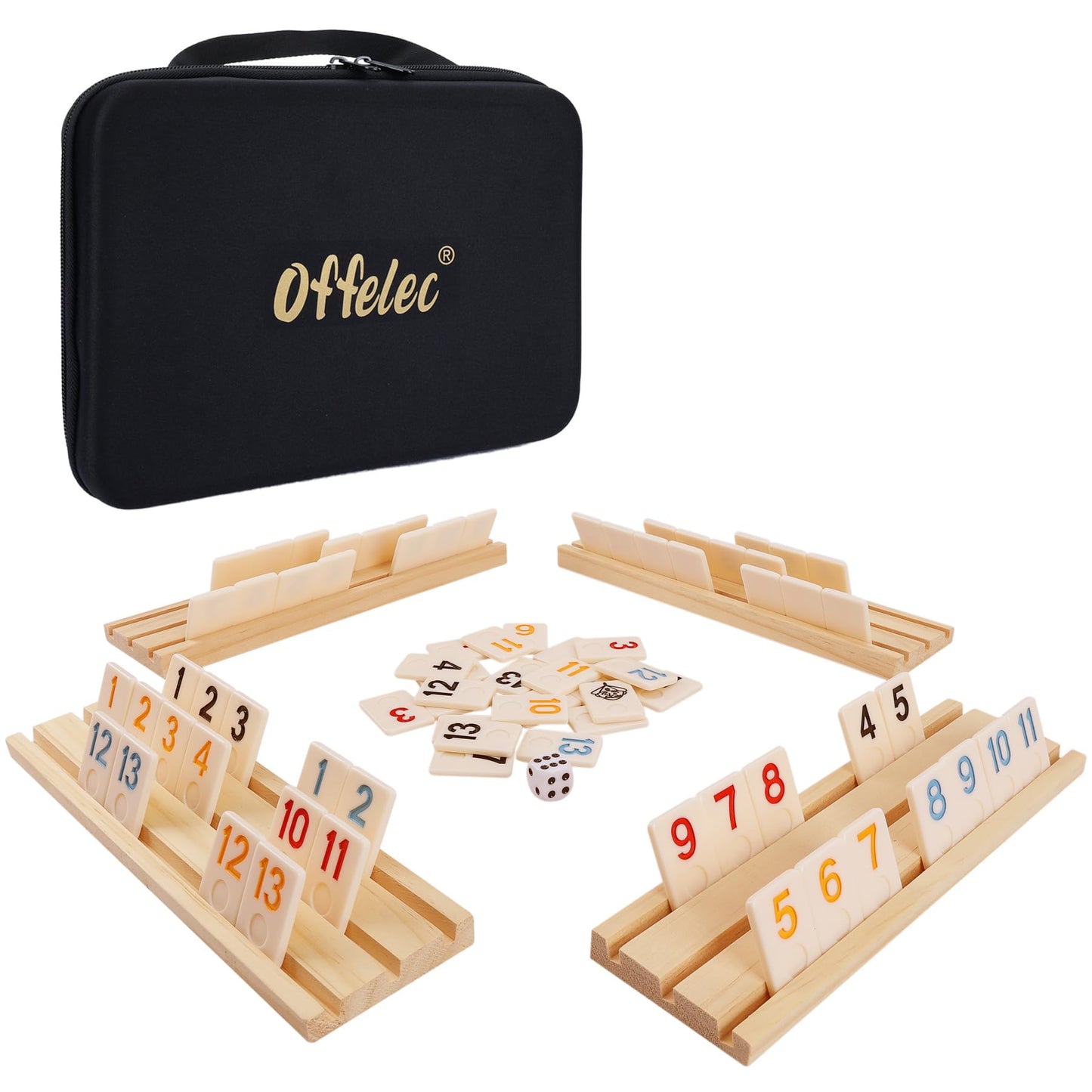 Offelec Rummy Cube Set - 106 Tiles, 4 Wooden Racks, Portable Case