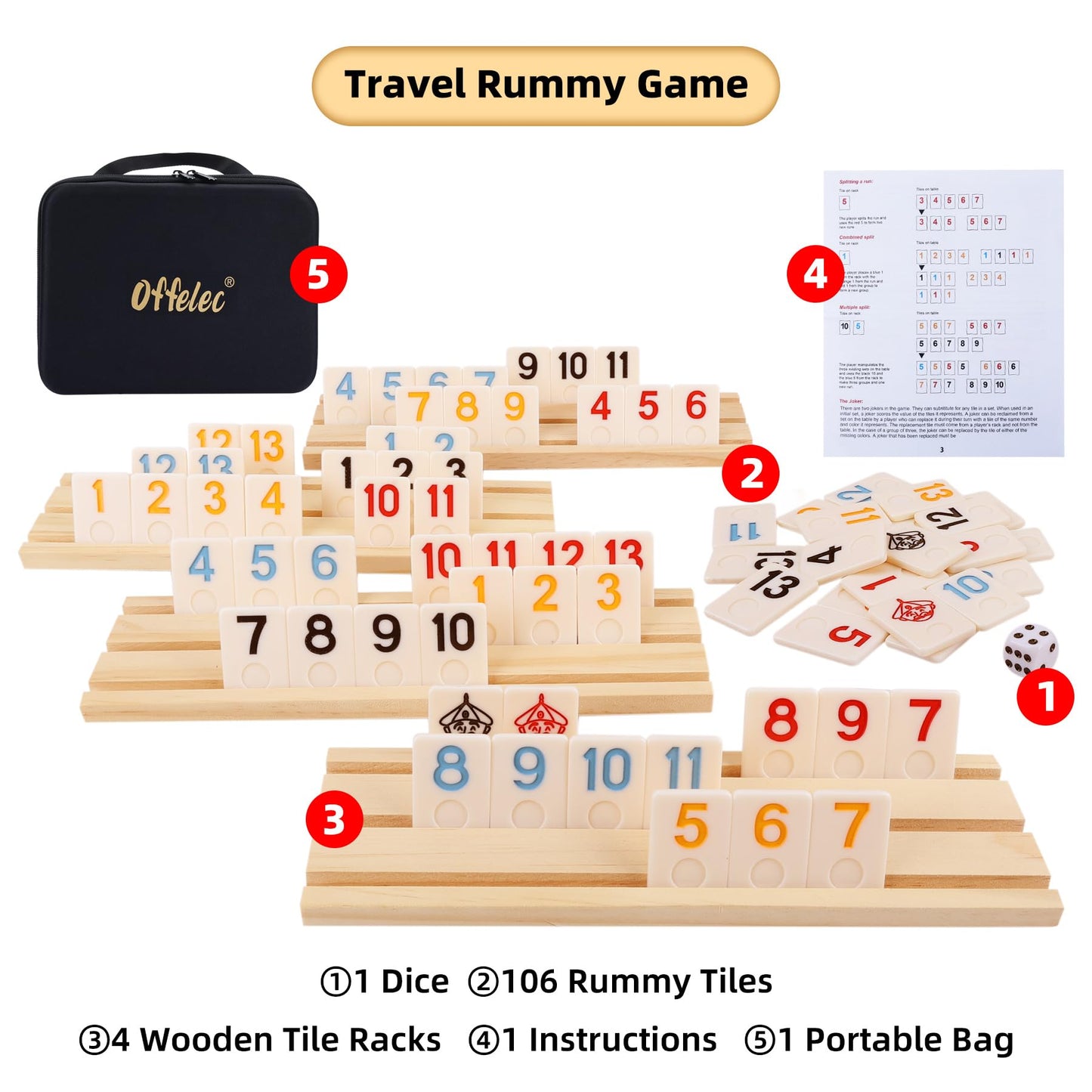 Offelec Rummy Cube Set - 106 Tiles, 4 Wooden Racks, Portable Case