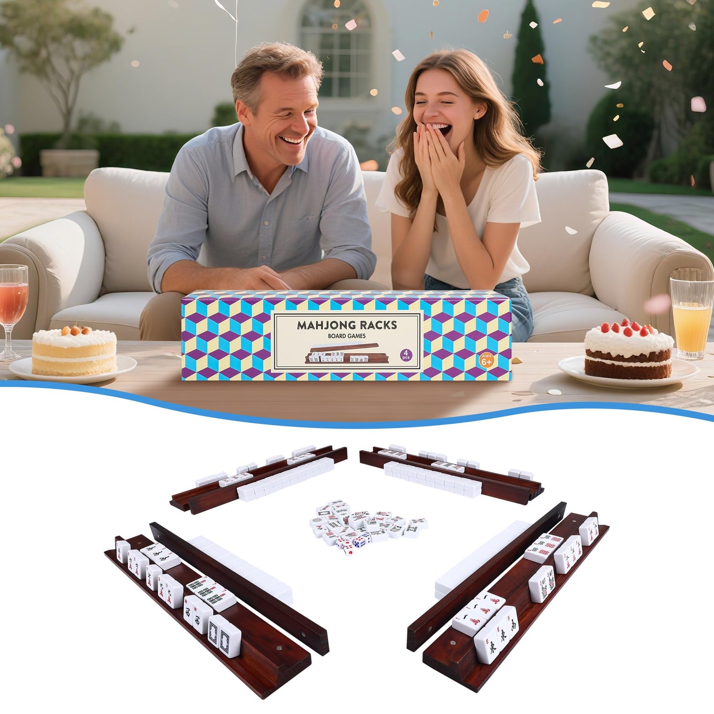Offelec Upgraded Magnetic Mahjong Racks – 4 Pcs with Pushers, Vintage Wood