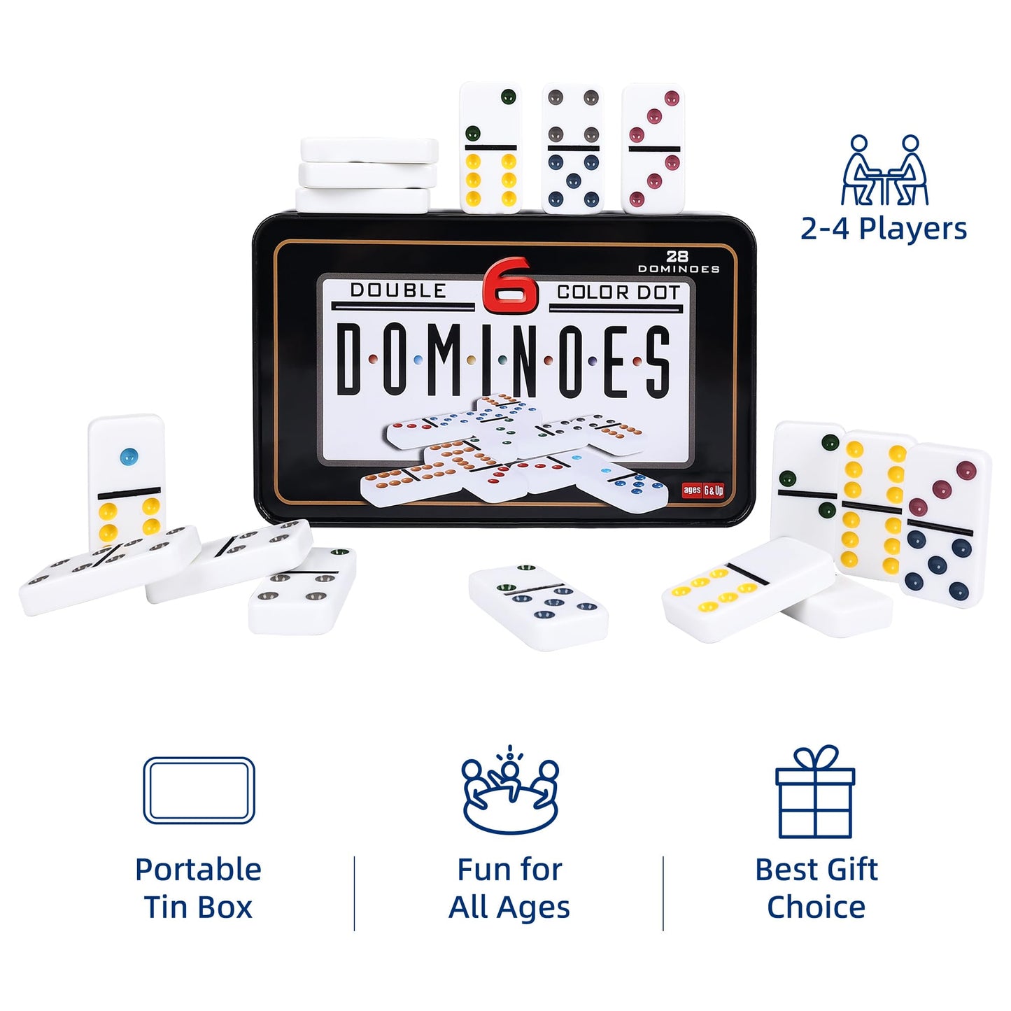 Offelec Double Six Dominoes Set | 28 Tiles with Storage Tin for 2-4 Players