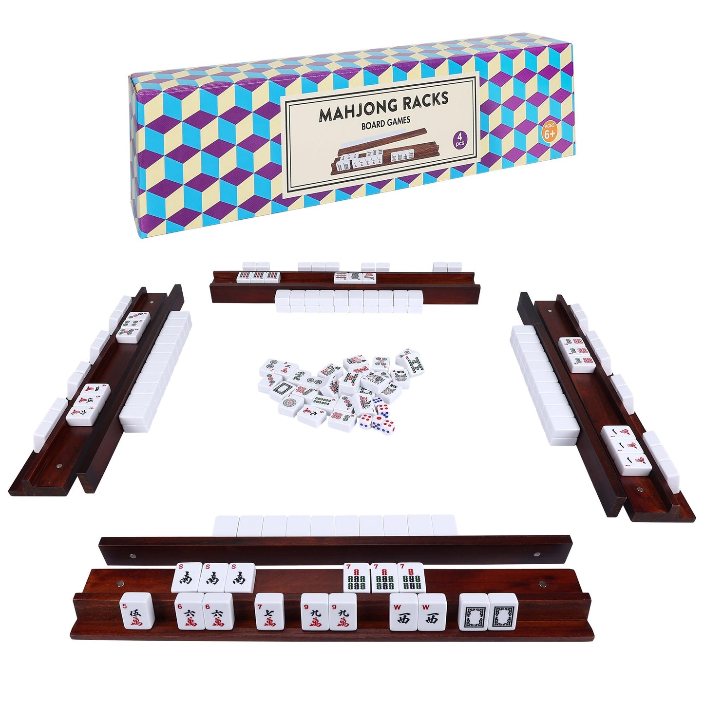 Offelec Upgraded Magnetic Mahjong Racks – 4 Pcs with Pushers, Vintage Wood