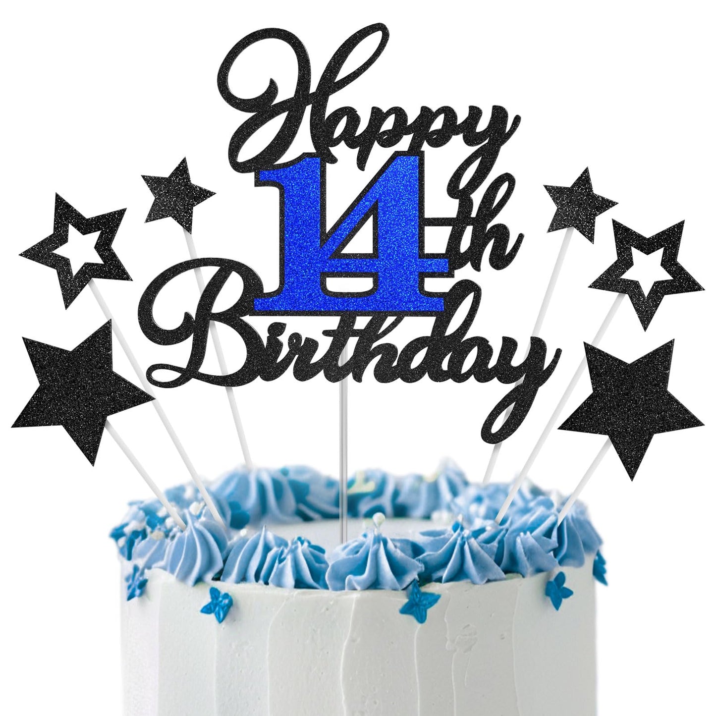 OffiCreative 14th Birthday Cake Topper – Black & Blue Glitter Happy 14th Birthday, 14 Years Old Cake Decorations