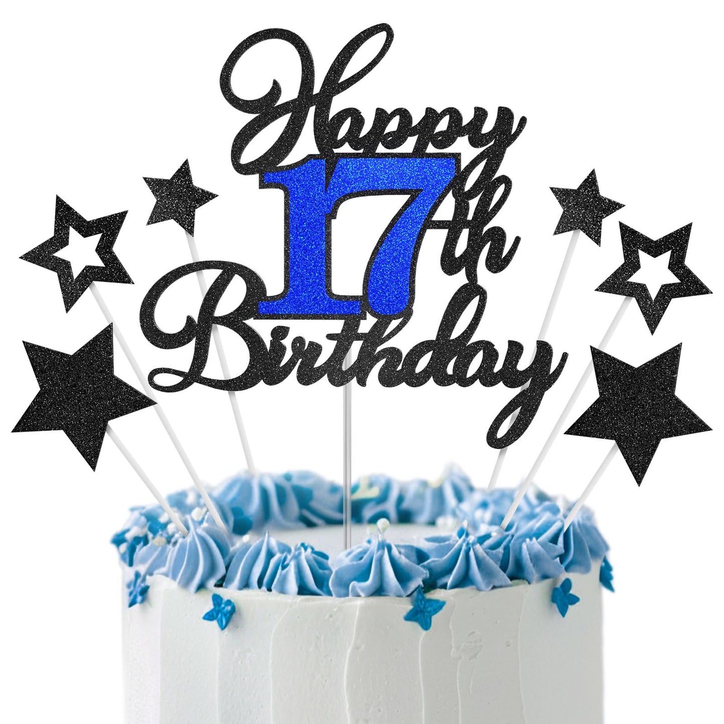 OffiCreative 17th Birthday Cake Topper - Black & Blue Glitter Decor for 17th Birthday
