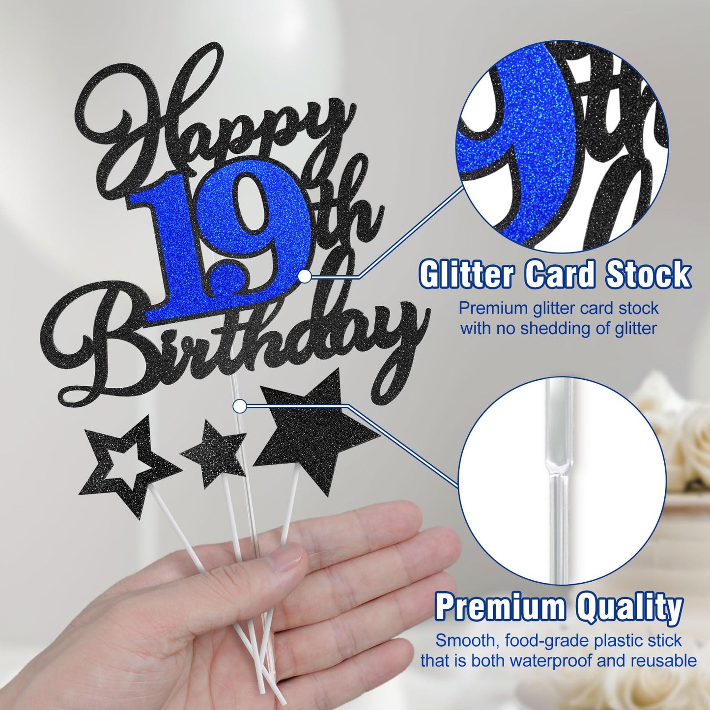OffiCreative 19th Birthday Cake Topper – Glitter Happy 19th Birthday Decor for Boy or Girl (Black Blue)
