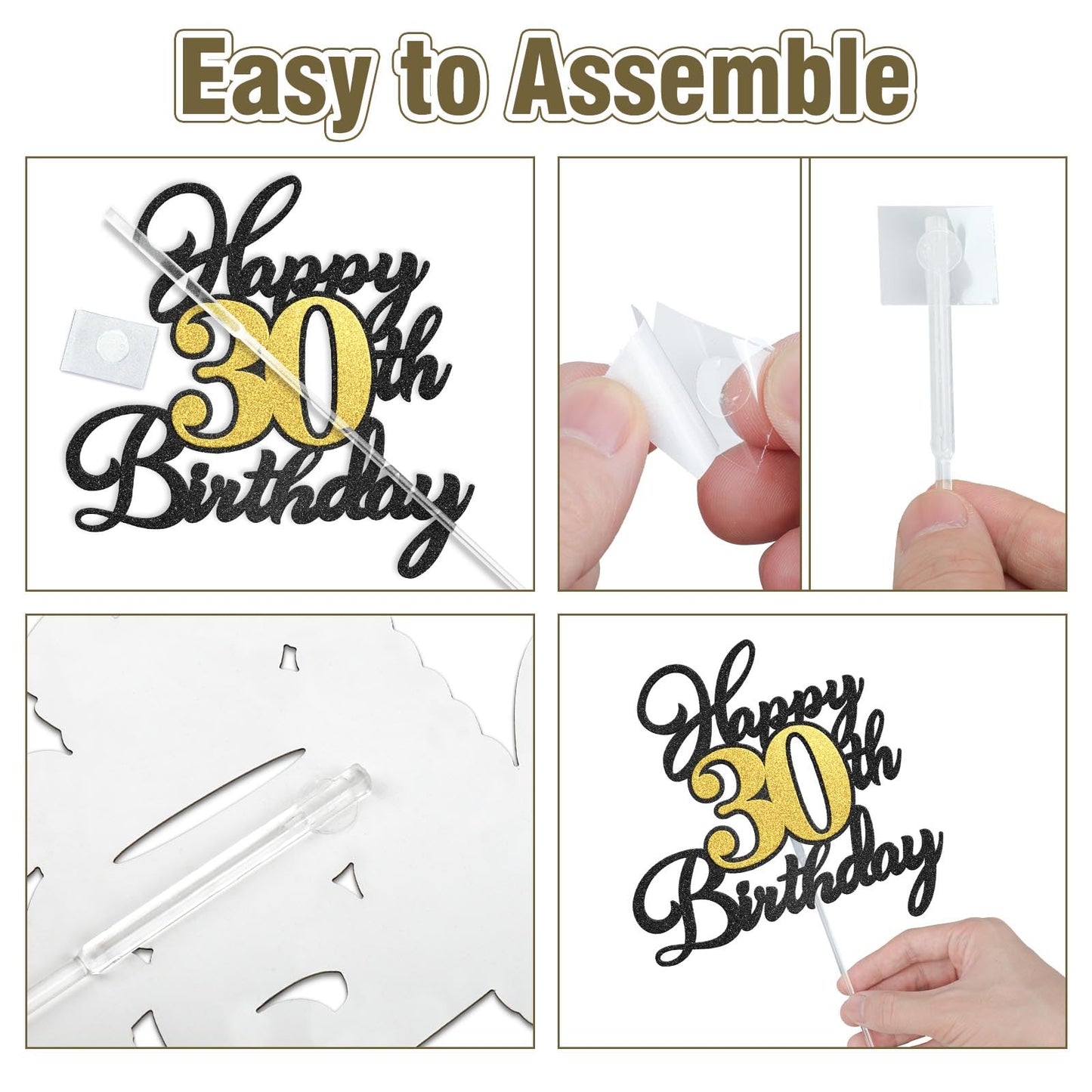 OffiCreative Happy 30th Birthday Cake Topper – Black Gold Glitter Decor