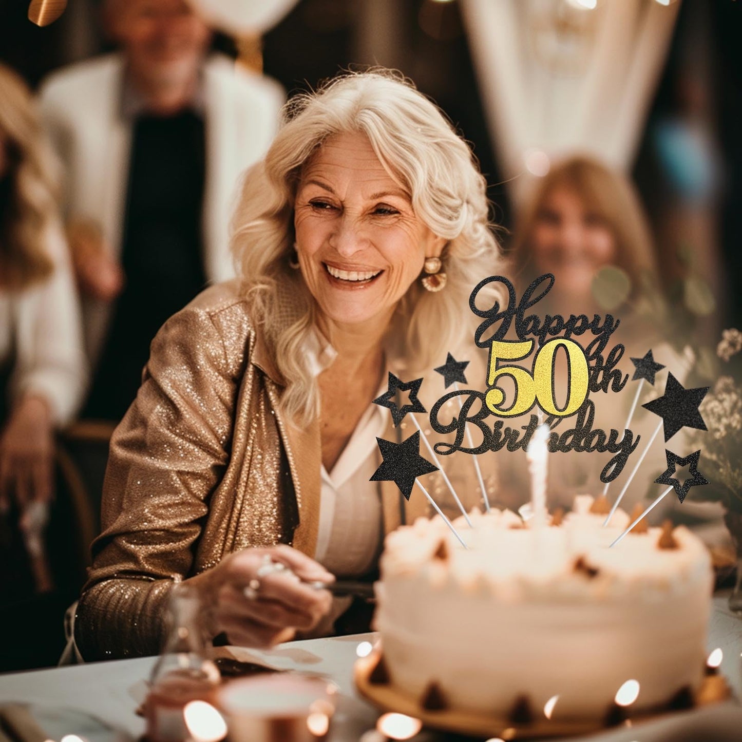 OffiCreative Happy 50th Birthday Cake Topper — Black Gold Glitter Decor
