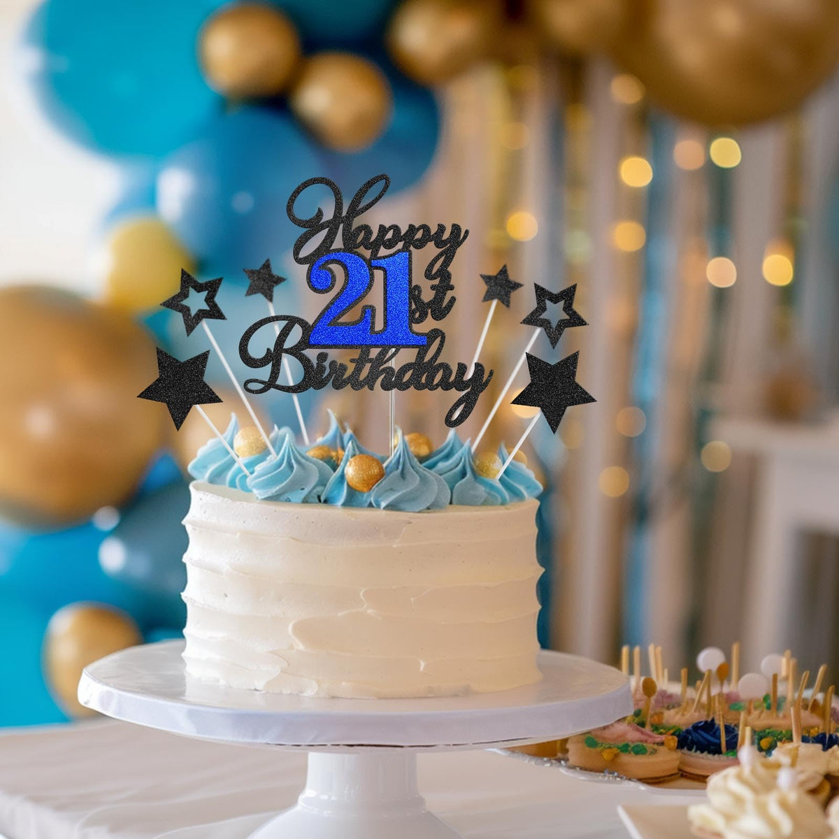 OffiCreative Happy 21st Birthday Cake Topper – Black Blue Glitter Decor, 21st Birthday Party Supplies