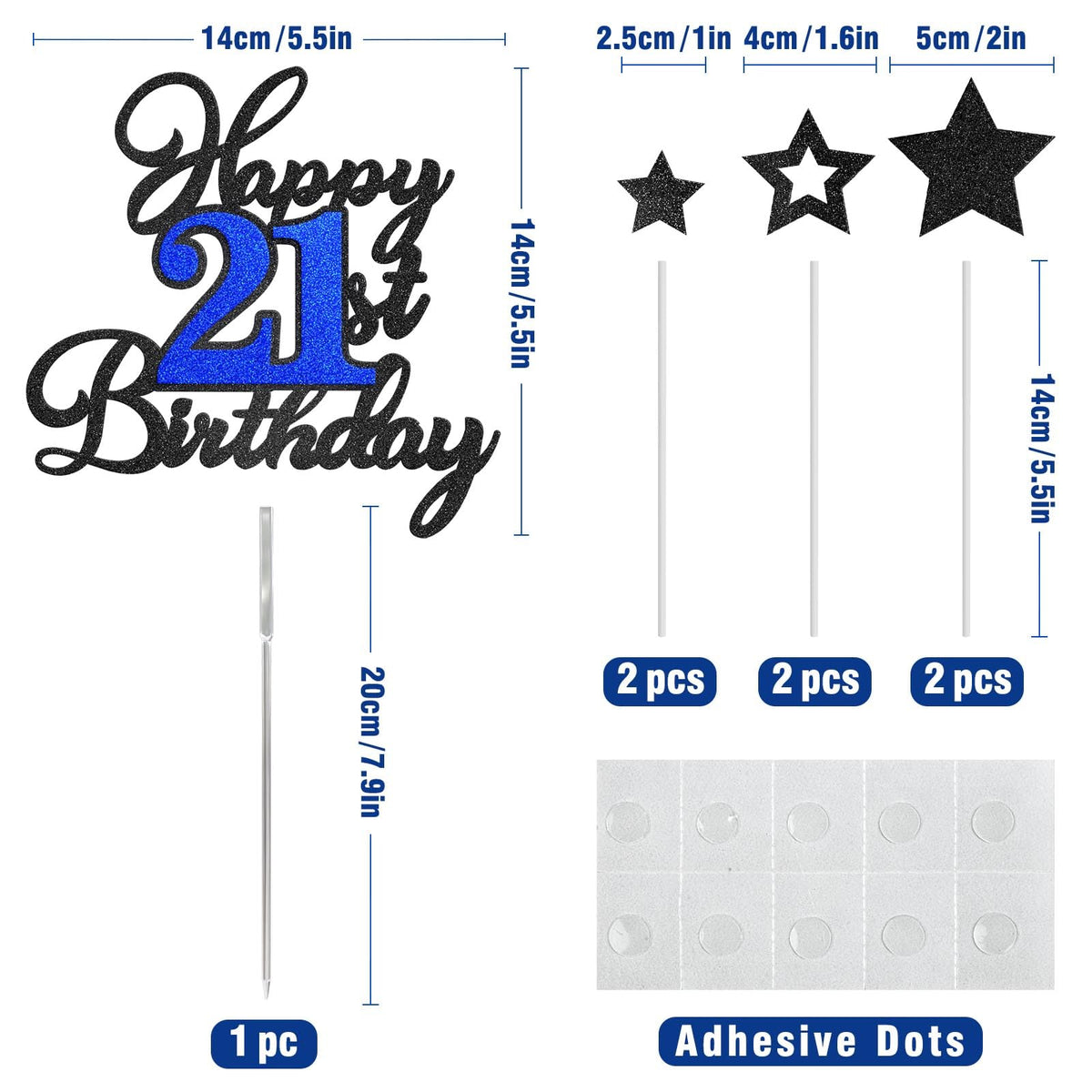 OffiCreative Happy 21st Birthday Cake Topper – Black Blue Glitter Decor, 21st Birthday Party Supplies