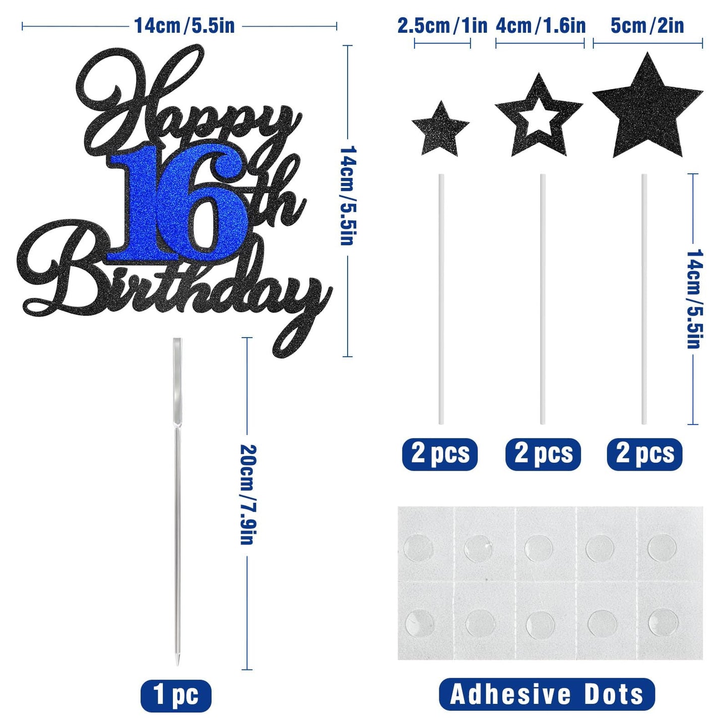 OffiCreative Happy 16th Birthday Cake Topper – Black Blue Glitter Decor Set