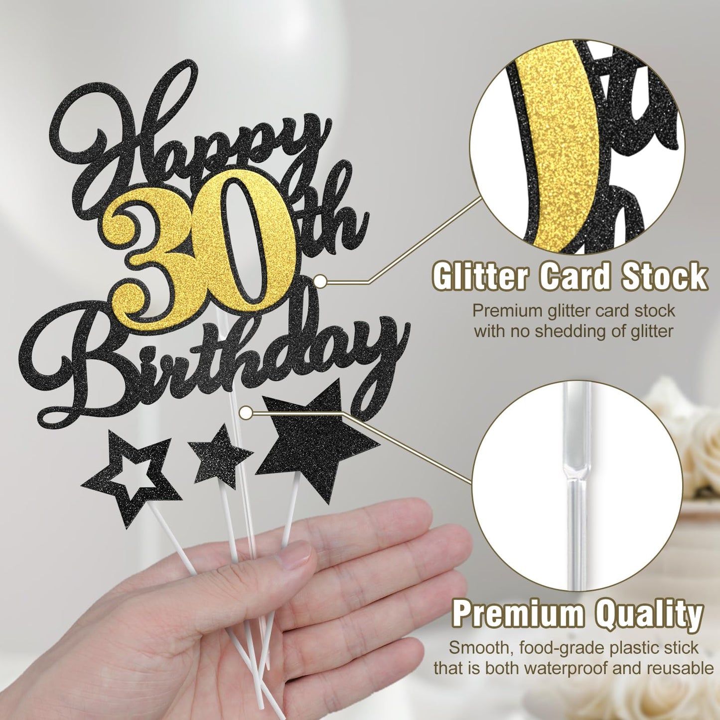 OffiCreative Happy 30th Birthday Cake Topper – Black Gold Glitter Decor
