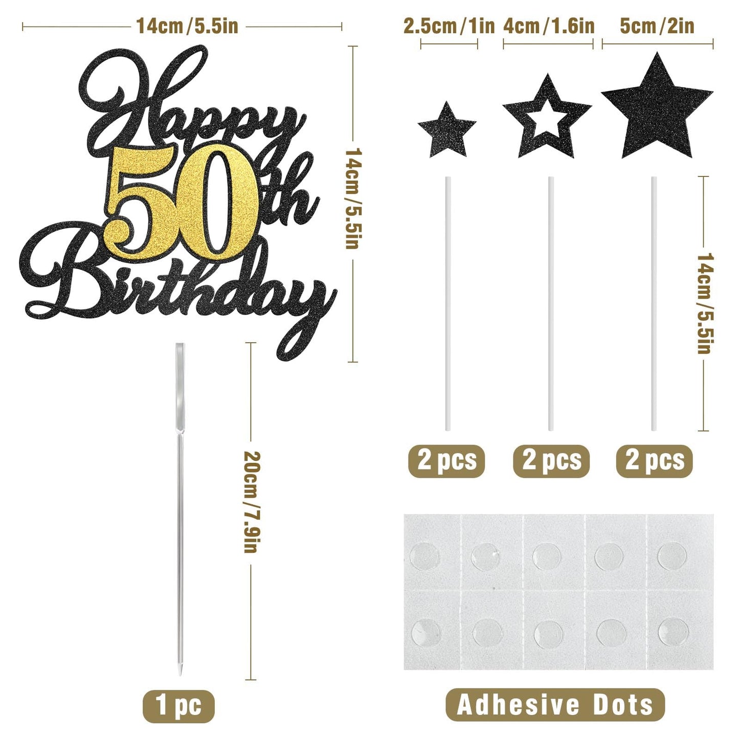 OffiCreative Happy 50th Birthday Cake Topper — Black Gold Glitter Decor