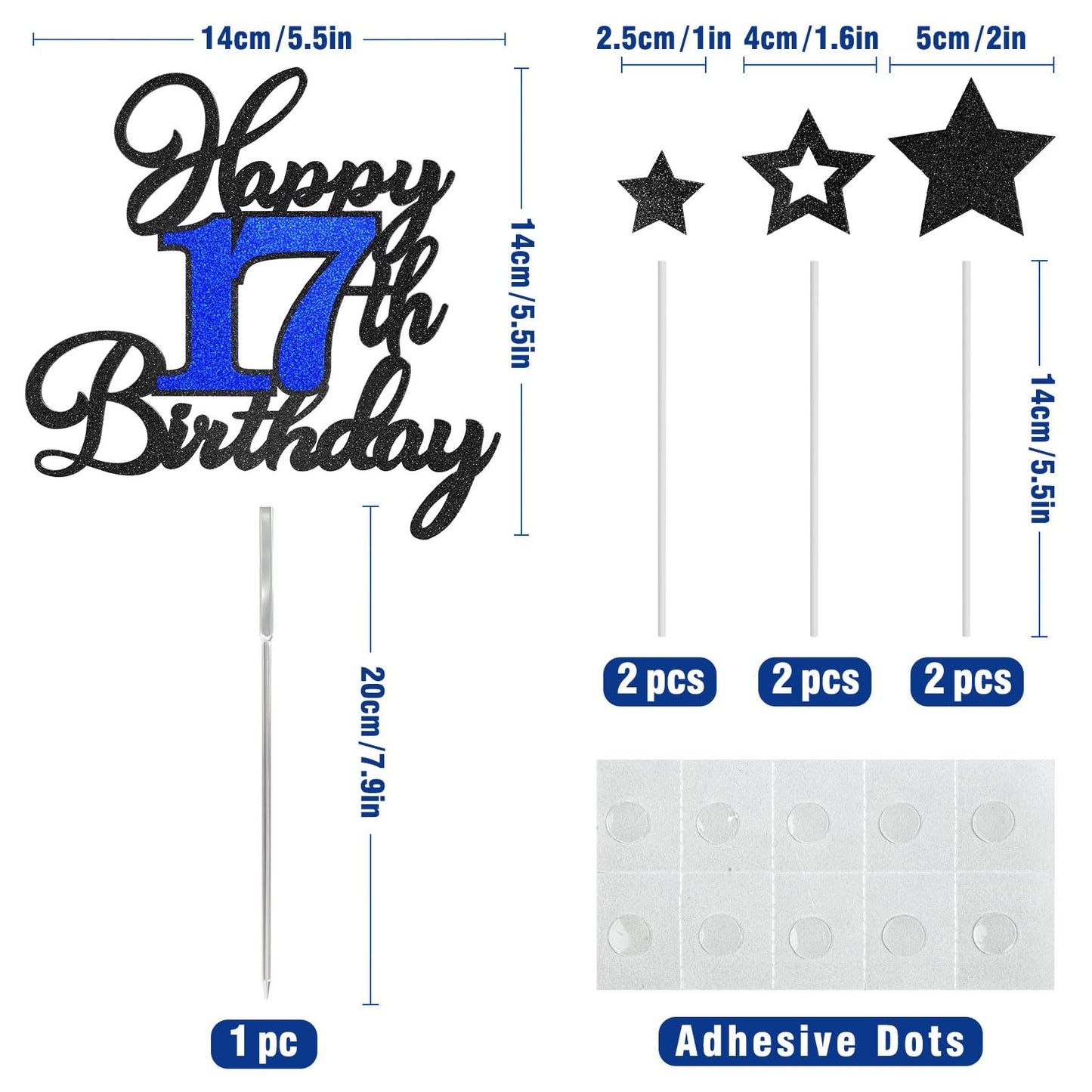OffiCreative 17th Birthday Cake Topper - Black & Blue Glitter Decor for 17th Birthday