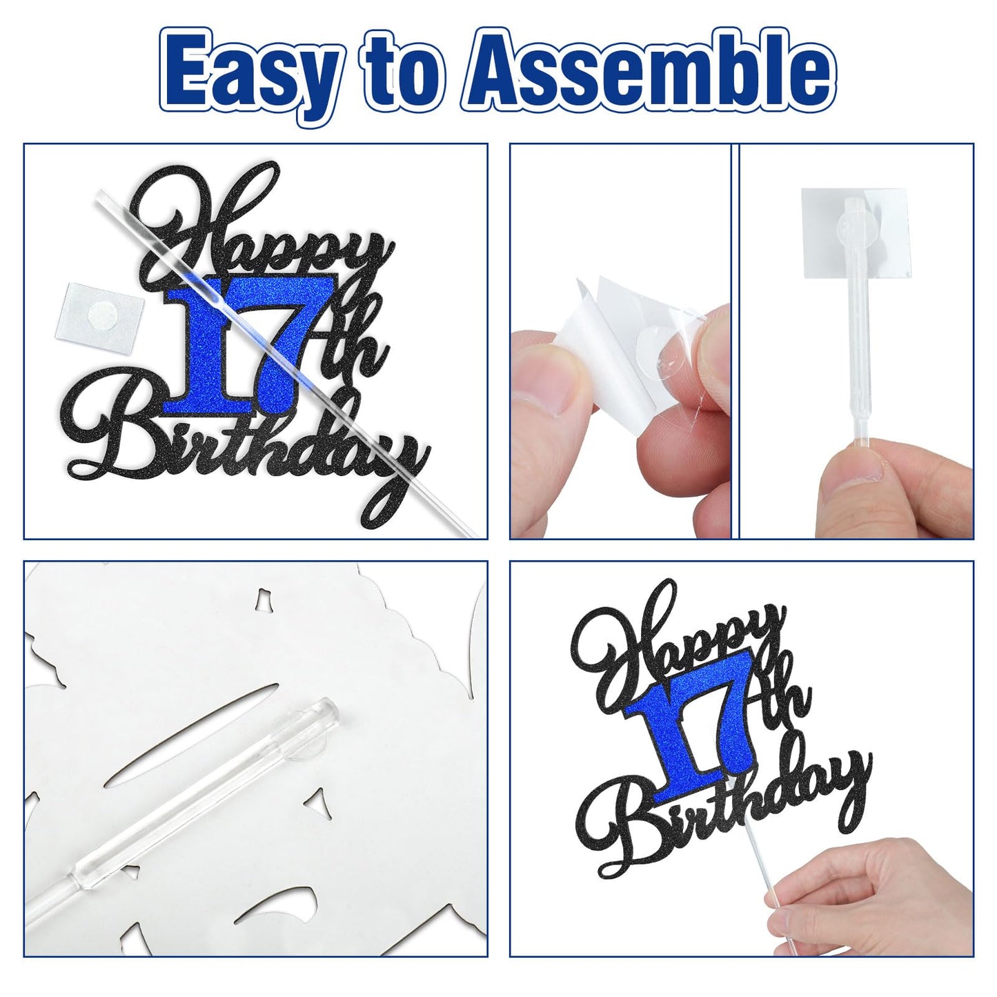 OffiCreative 17th Birthday Cake Topper - Black & Blue Glitter Decor for 17th Birthday