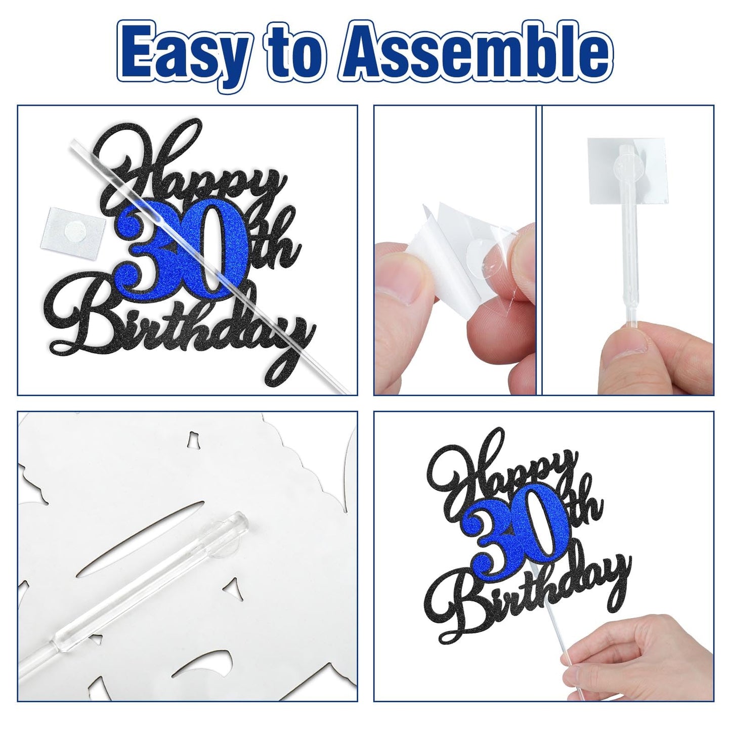 OffiCreative Happy 16th Birthday Cake Topper – Black Blue Glitter Decor Set