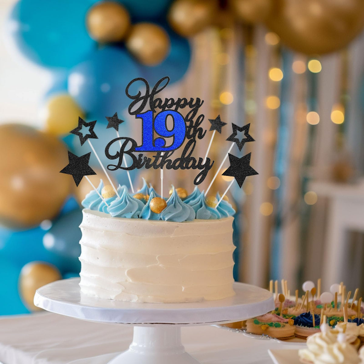 OffiCreative 19th Birthday Cake Topper – Glitter Happy 19th Birthday Decor for Boy or Girl (Black Blue)