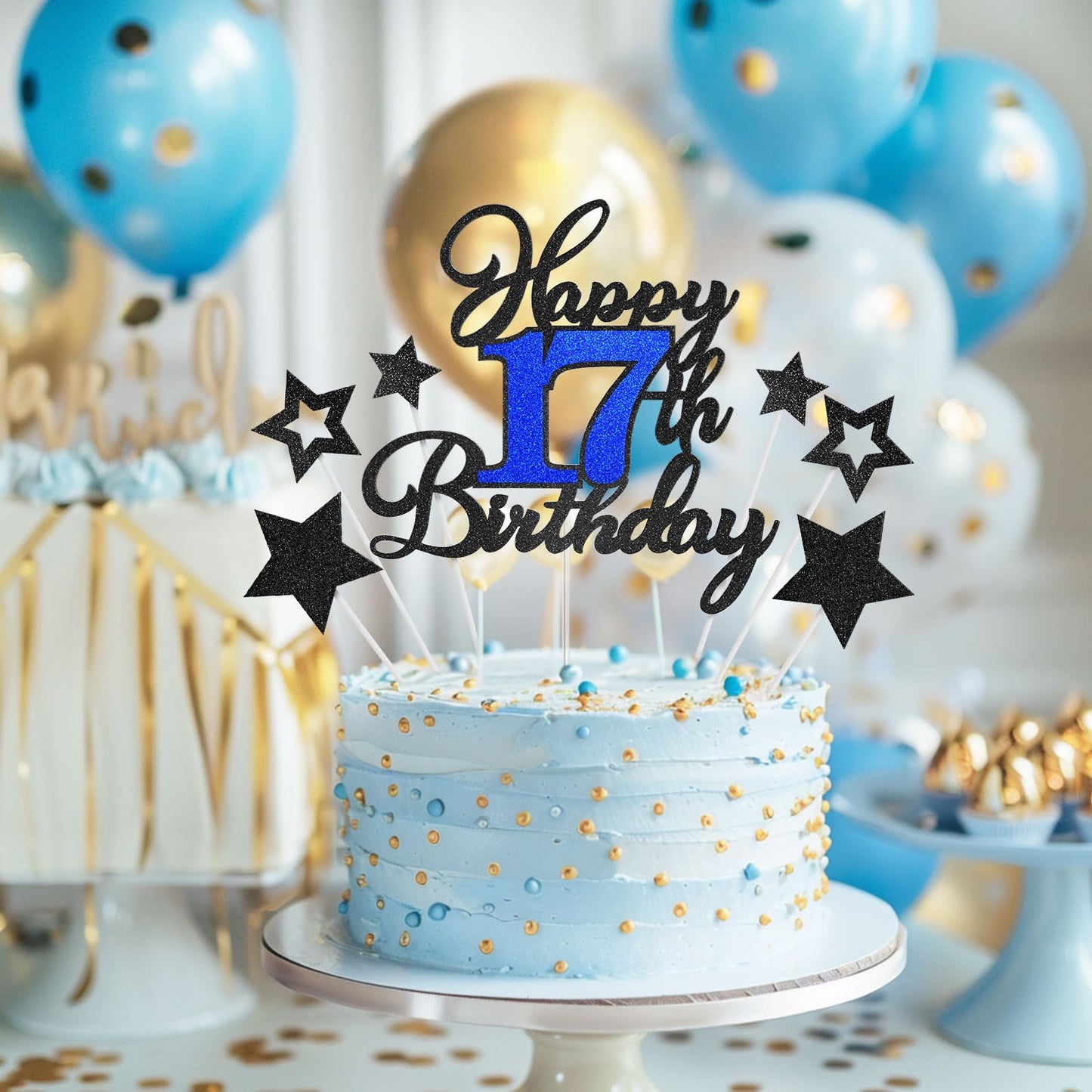 OffiCreative 17th Birthday Cake Topper - Black & Blue Glitter Decor for 17th Birthday