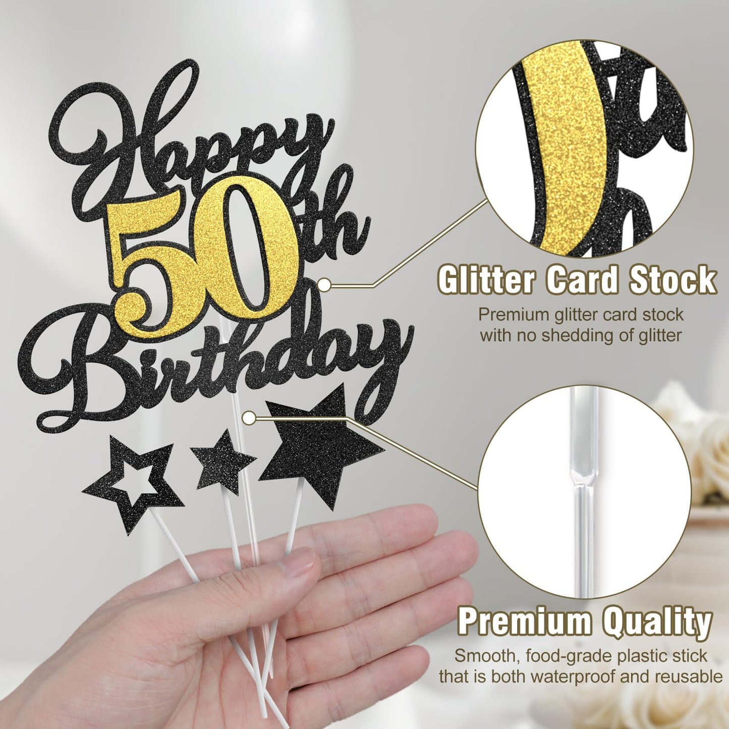 OffiCreative Happy 50th Birthday Cake Topper — Black Gold Glitter Decor