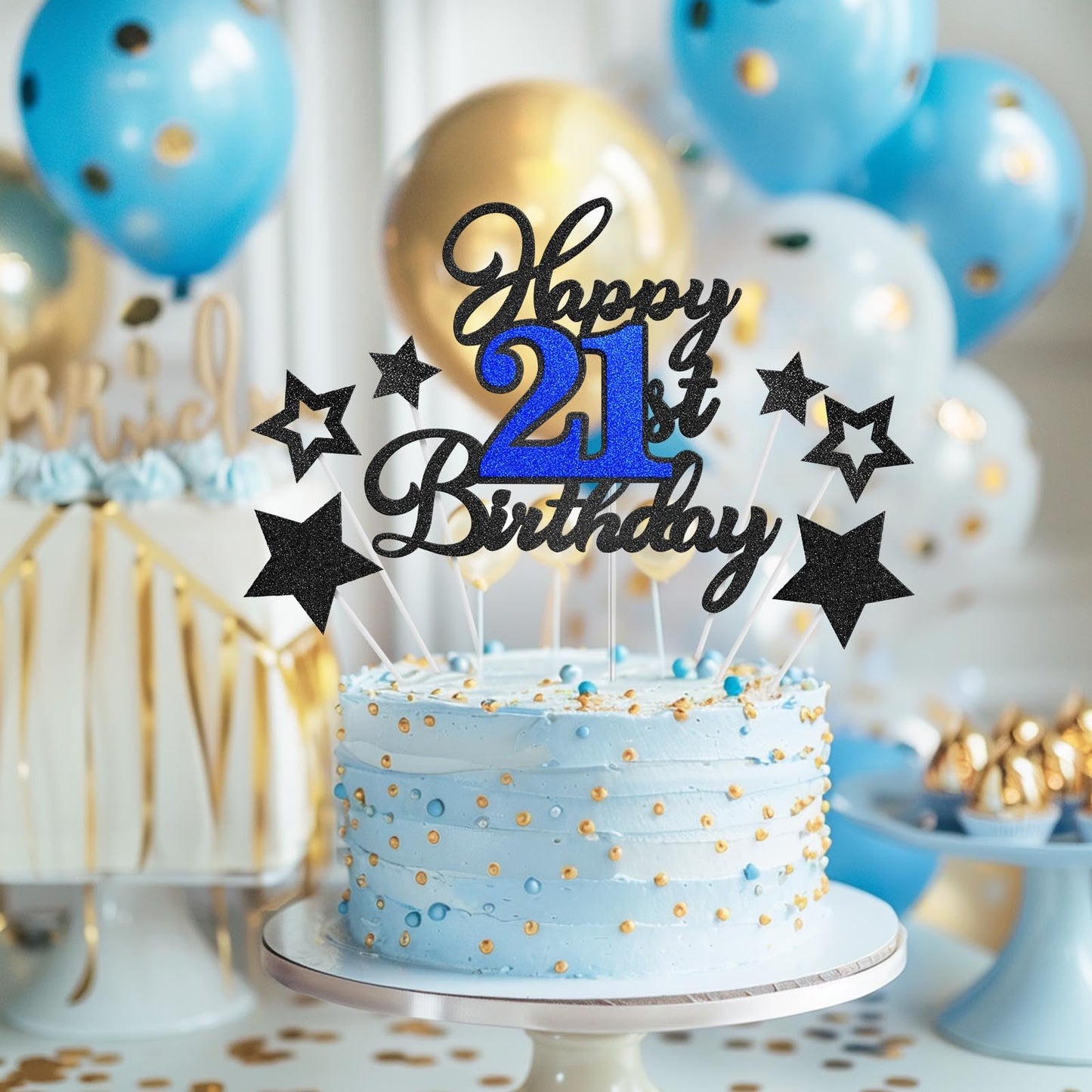 OffiCreative Happy 21st Birthday Cake Topper – Black Blue Glitter Decor, 21st Birthday Party Supplies