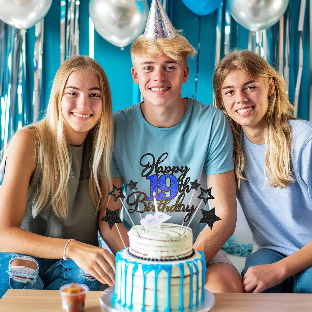OffiCreative 19th Birthday Cake Topper – Glitter Happy 19th Birthday Decor for Boy or Girl (Black Blue)