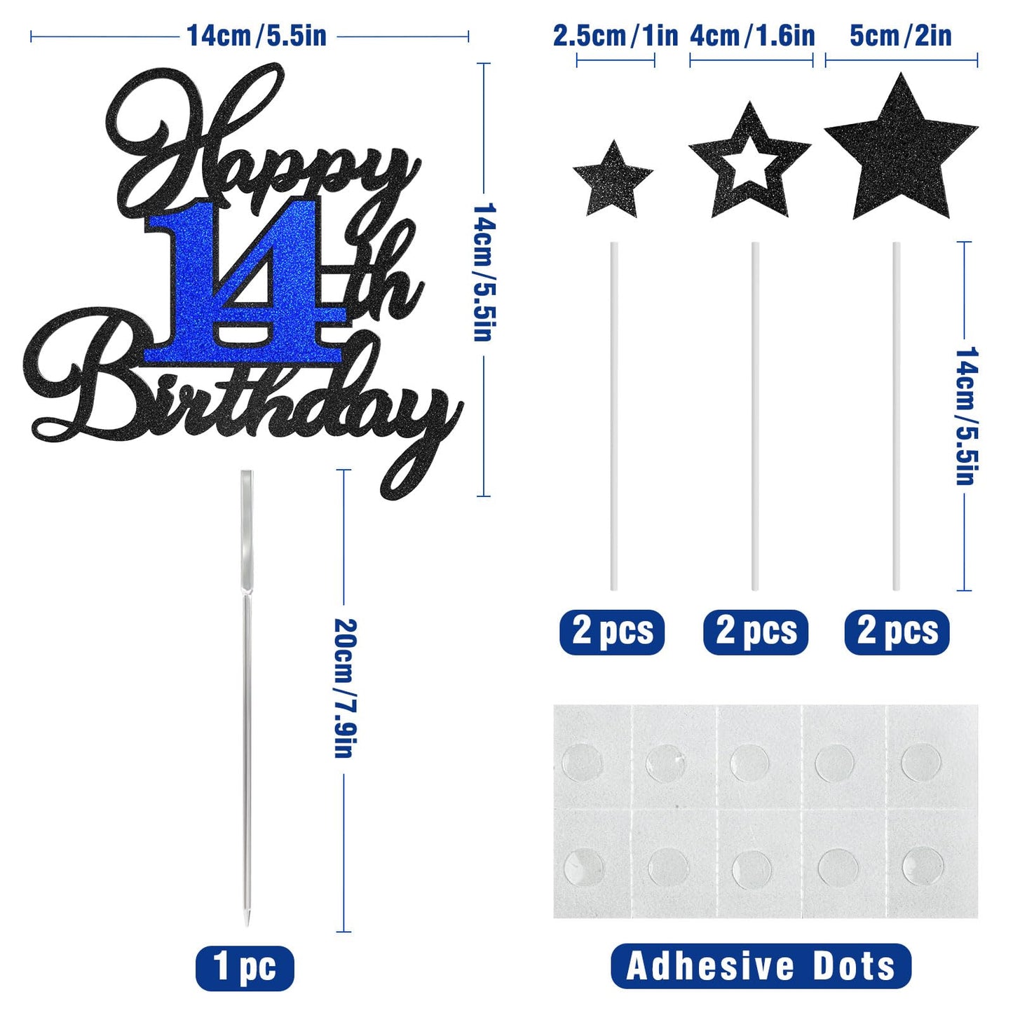 OffiCreative 14th Birthday Cake Topper – Black & Blue Glitter Happy 14th Birthday, 14 Years Old Cake Decorations