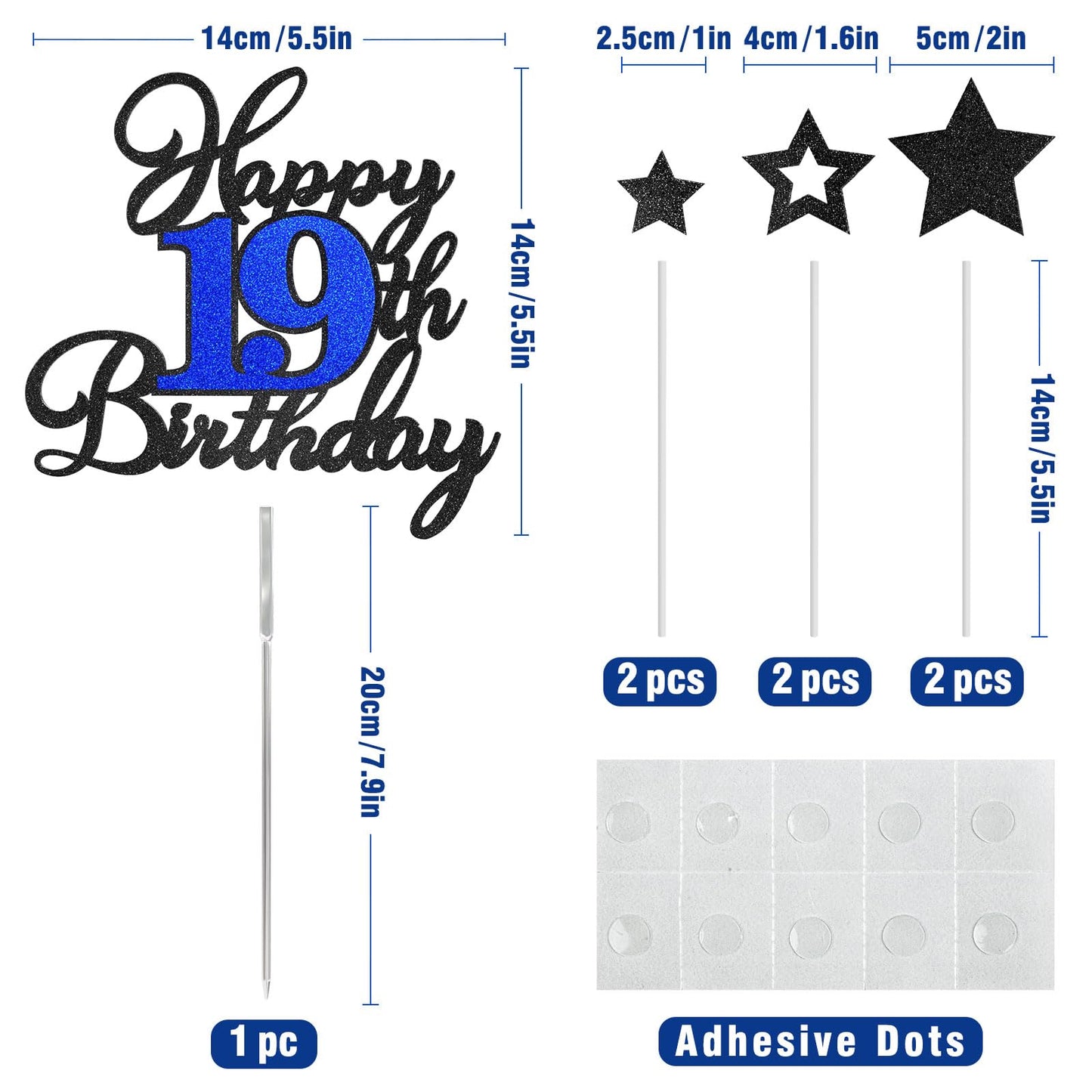 OffiCreative 19th Birthday Cake Topper – Glitter Happy 19th Birthday Decor for Boy or Girl (Black Blue)