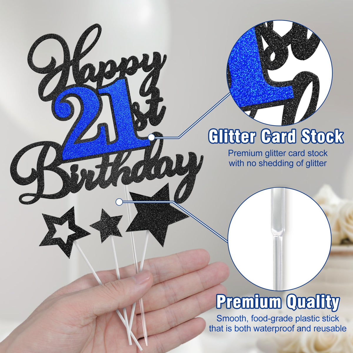 OffiCreative Happy 21st Birthday Cake Topper – Black Blue Glitter Decor, 21st Birthday Party Supplies