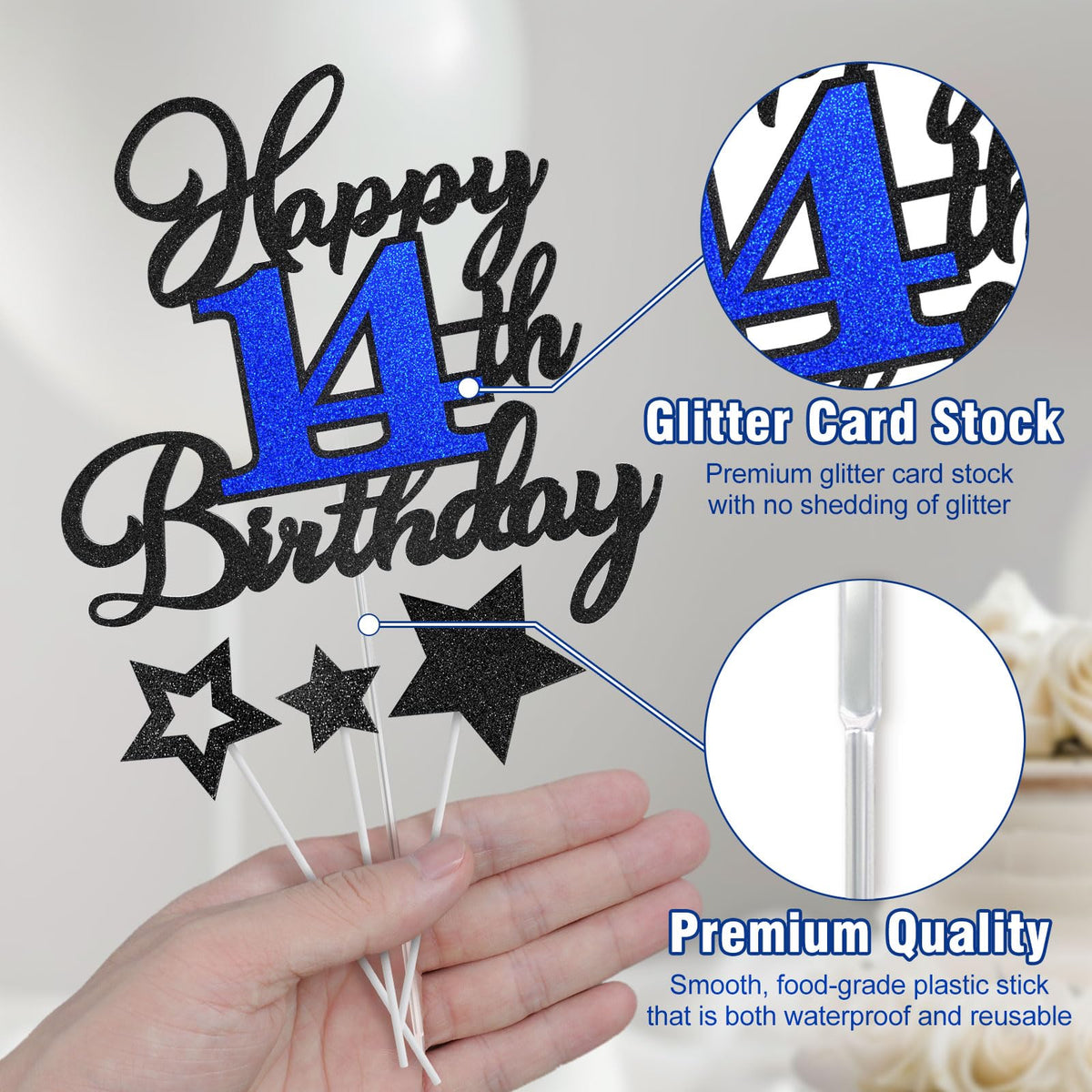 OffiCreative 14th Birthday Cake Topper – Black & Blue Glitter Happy 14th Birthday, 14 Years Old Cake Decorations