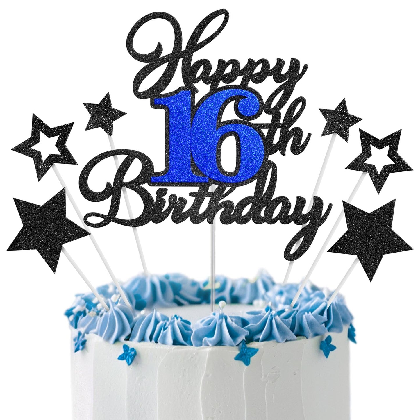 OffiCreative Happy 16th Birthday Cake Topper – Black Blue Glitter Decor Set