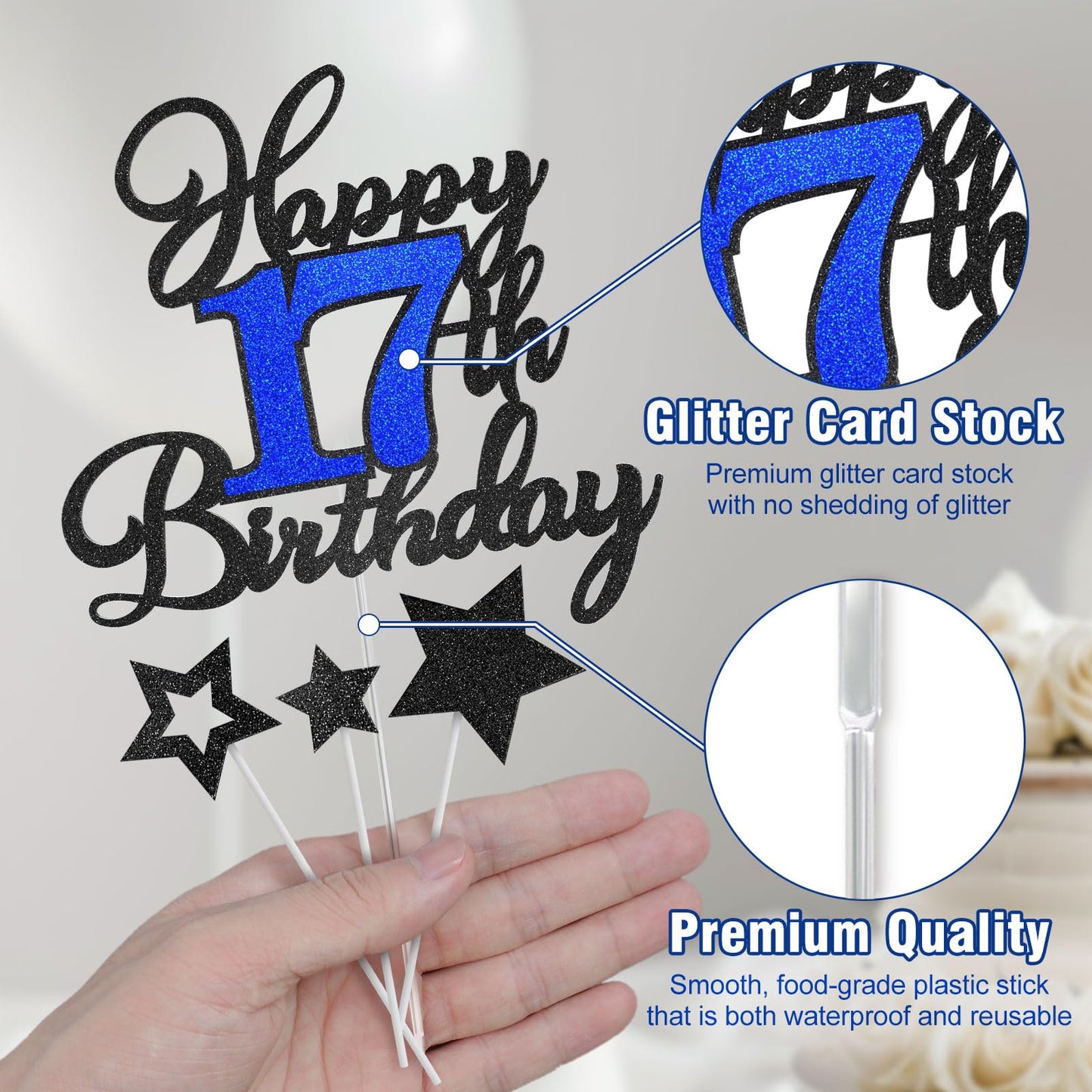 OffiCreative 17th Birthday Cake Topper - Black & Blue Glitter Decor for 17th Birthday