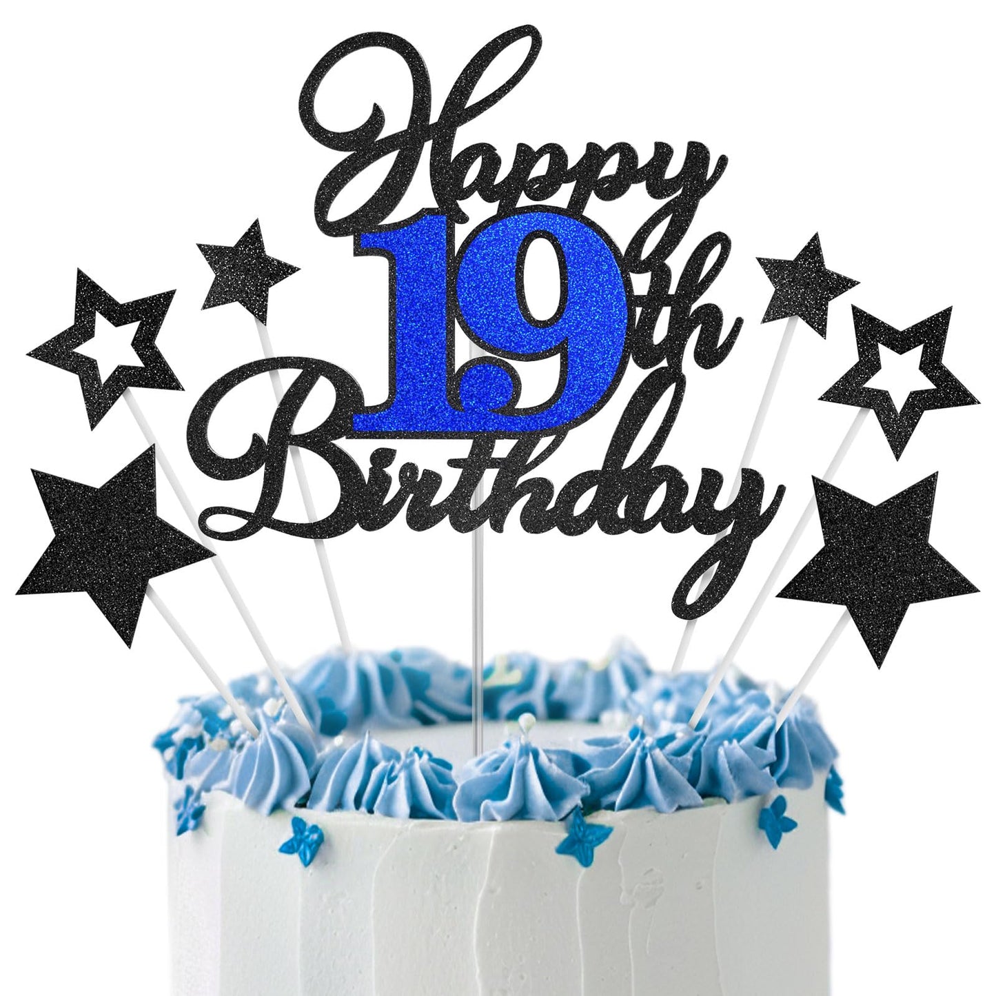 OffiCreative 19th Birthday Cake Topper – Glitter Happy 19th Birthday Decor for Boy or Girl (Black Blue)