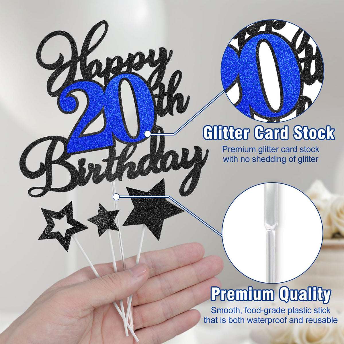 OffiCreative 20th Birthday Cake Topper – Glitter Happy 20th Birthday for Boy & Girl