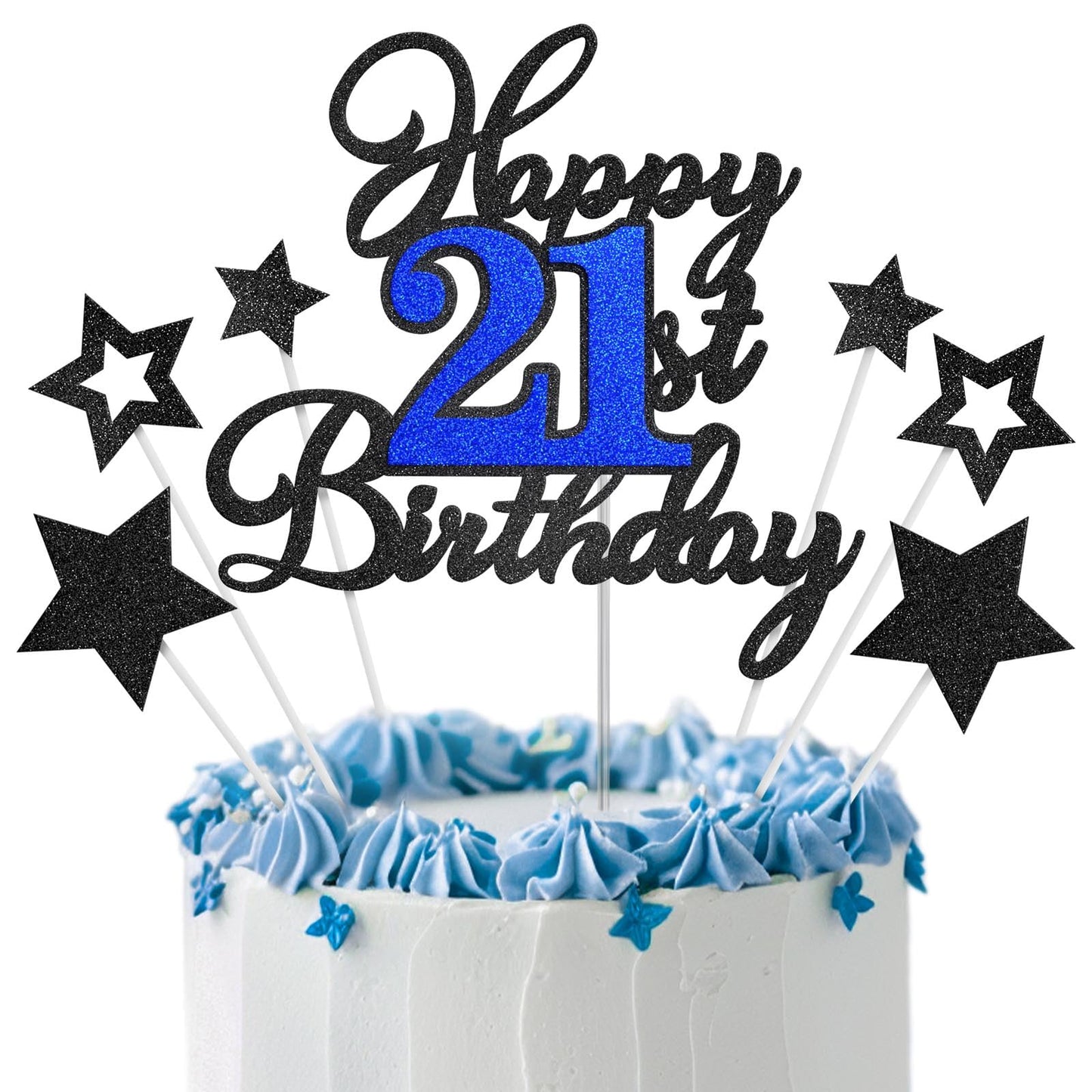 OffiCreative Happy 21st Birthday Cake Topper – Black Blue Glitter Decor, 21st Birthday Party Supplies