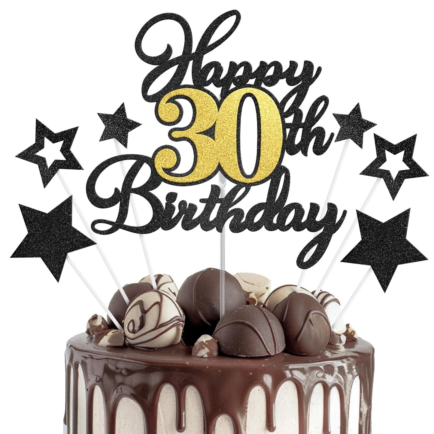 OffiCreative Happy 30th Birthday Cake Topper – Black Gold Glitter Decor
