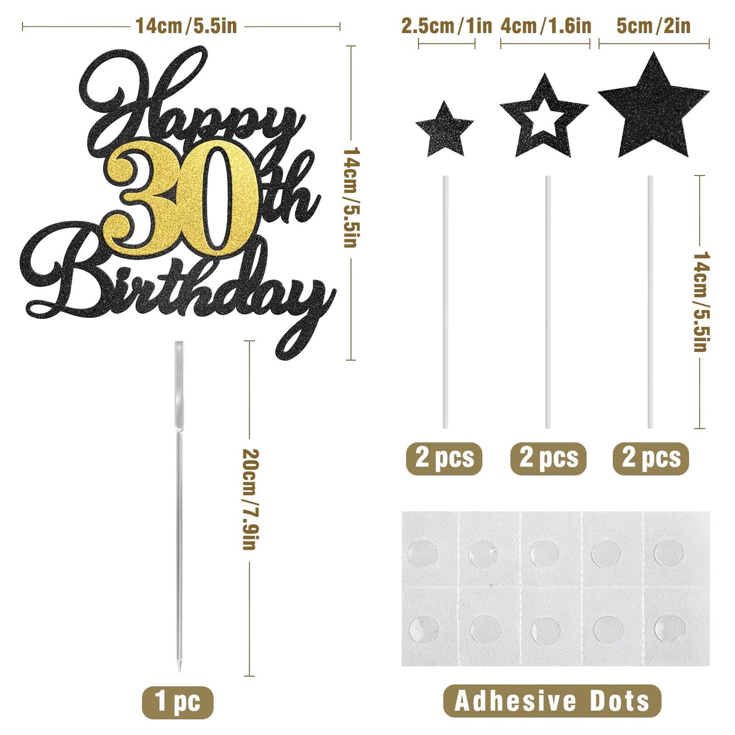 OffiCreative Happy 30th Birthday Cake Topper – Black Gold Glitter Decor