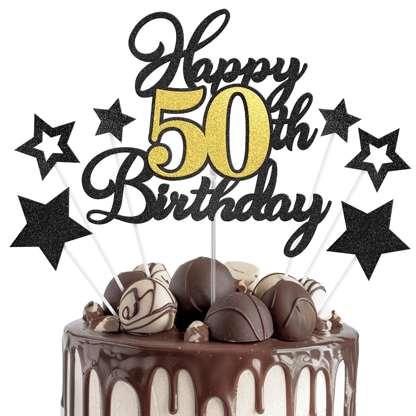 OffiCreative Happy 50th Birthday Cake Topper — Black Gold Glitter Decor
