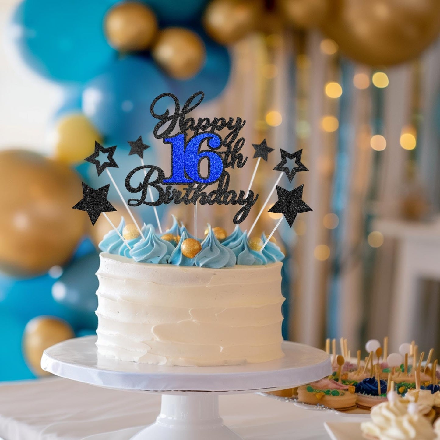 OffiCreative Happy 16th Birthday Cake Topper – Black Blue Glitter Decor Set