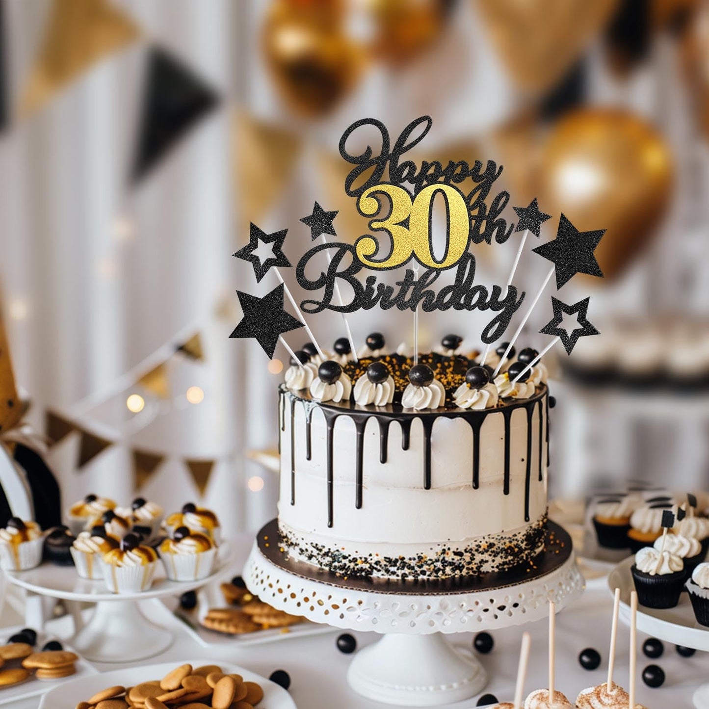 OffiCreative Happy 30th Birthday Cake Topper – Black Gold Glitter Decor