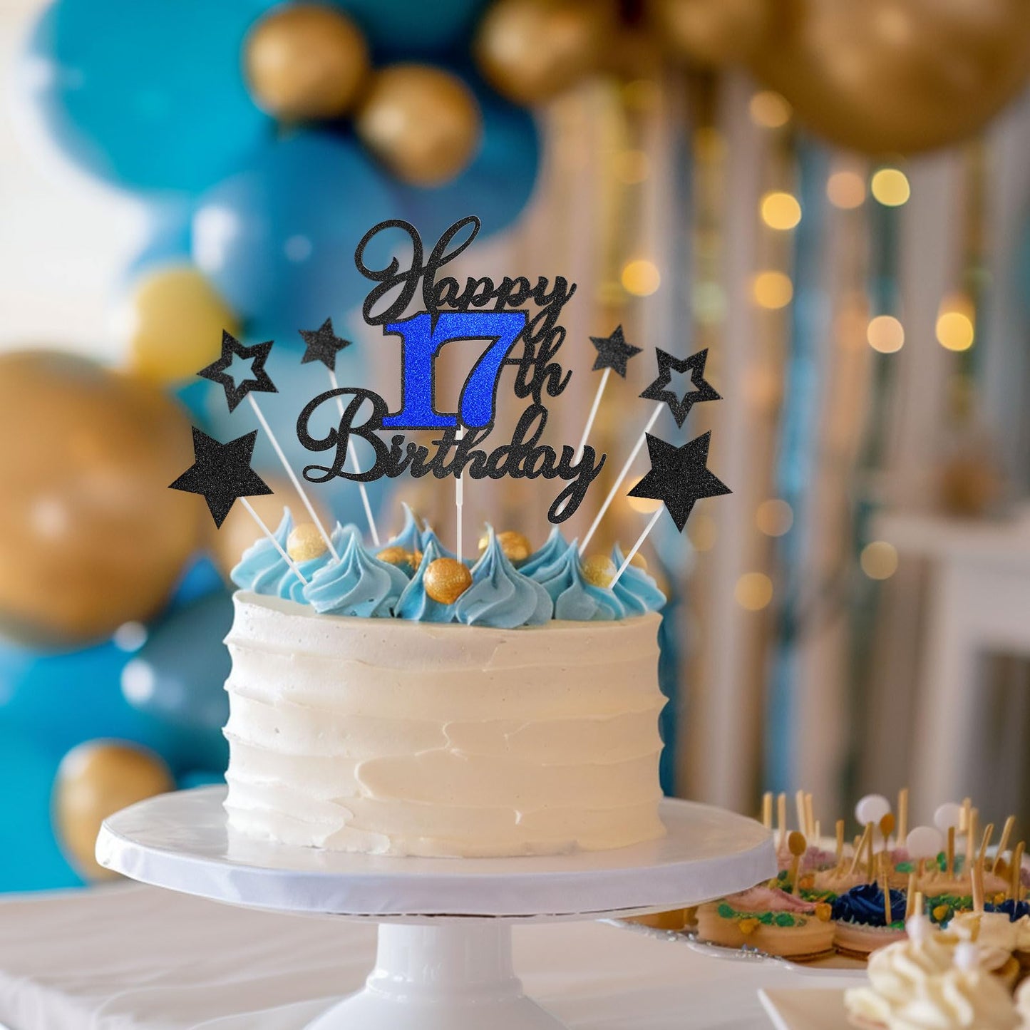 OffiCreative 17th Birthday Cake Topper - Black & Blue Glitter Decor for 17th Birthday