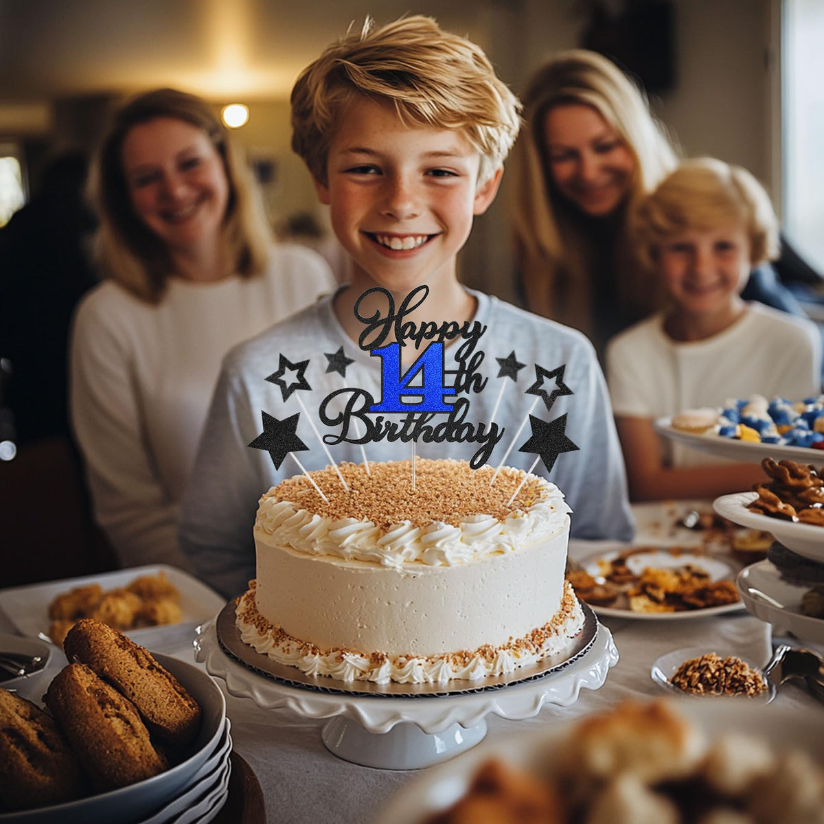 OffiCreative 14th Birthday Cake Topper – Black & Blue Glitter Happy 14th Birthday, 14 Years Old Cake Decorations