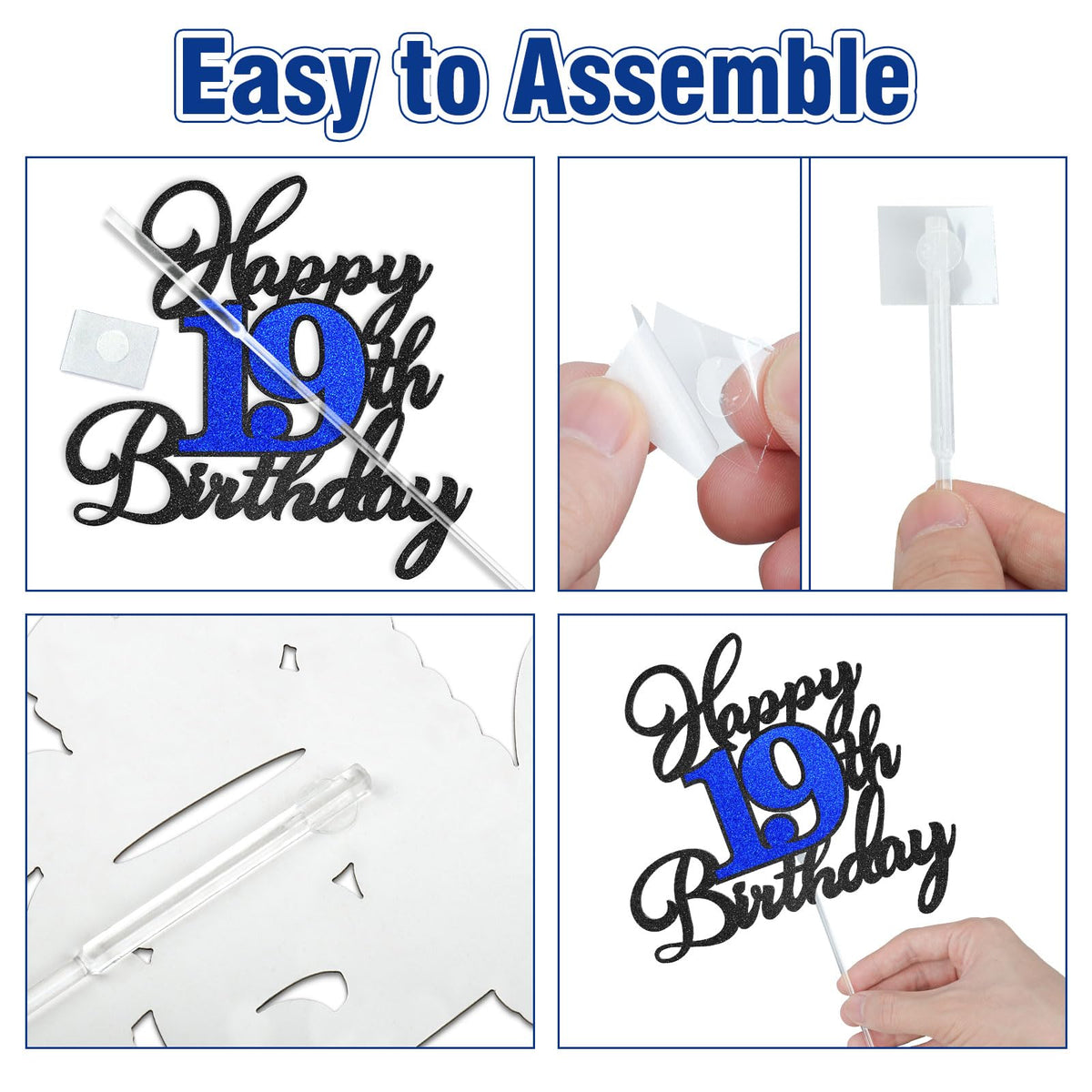 OffiCreative 19th Birthday Cake Topper – Glitter Happy 19th Birthday Decor for Boy or Girl (Black Blue)
