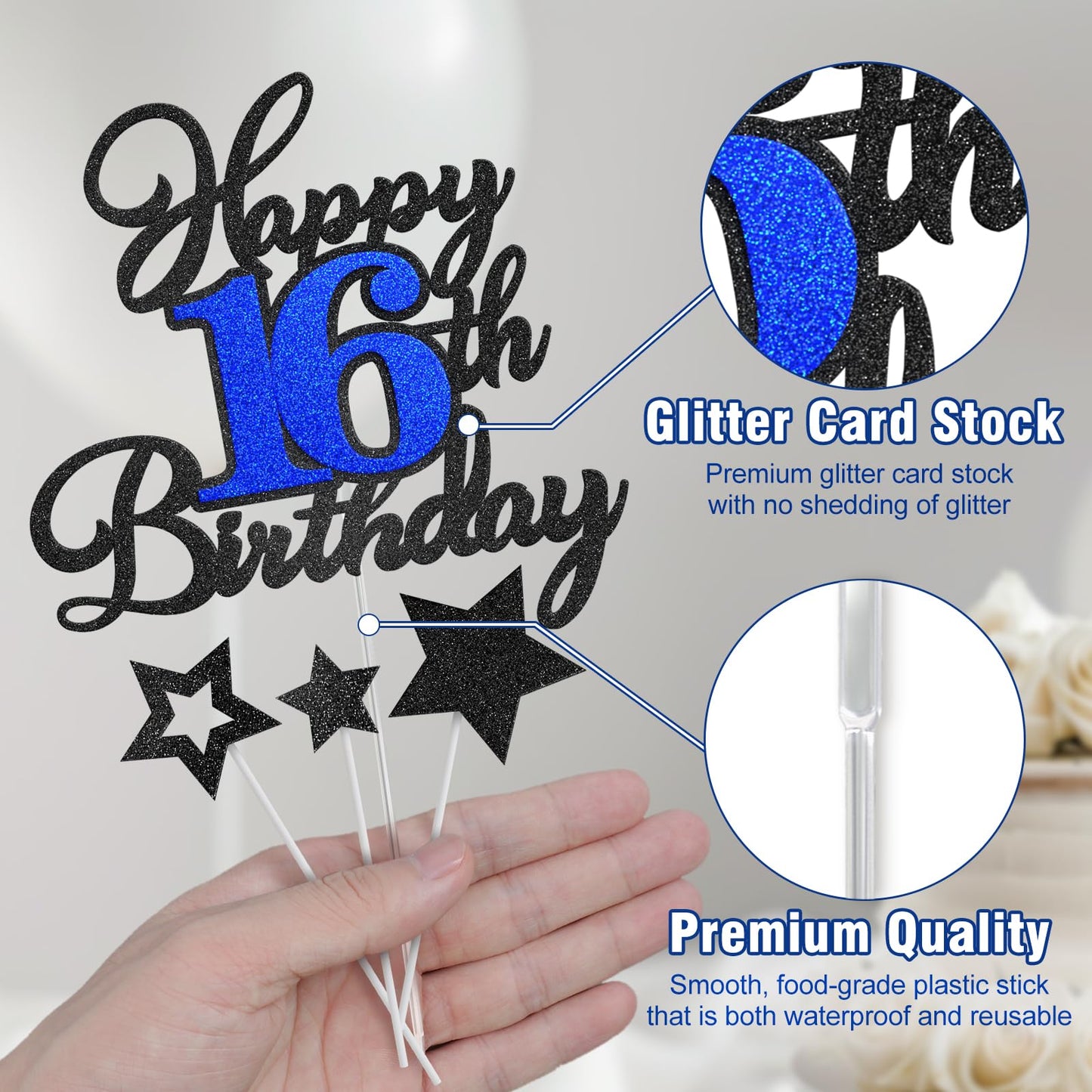 OffiCreative Happy 16th Birthday Cake Topper – Black Blue Glitter Decor Set
