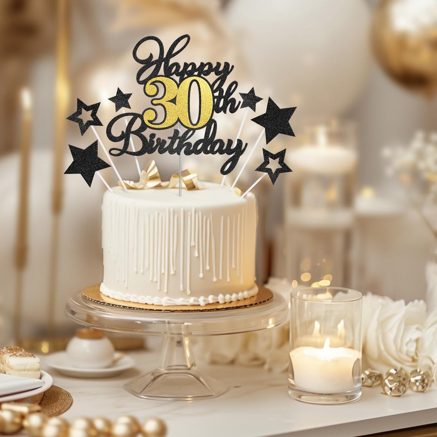 OffiCreative Happy 30th Birthday Cake Topper – Black Gold Glitter Decor